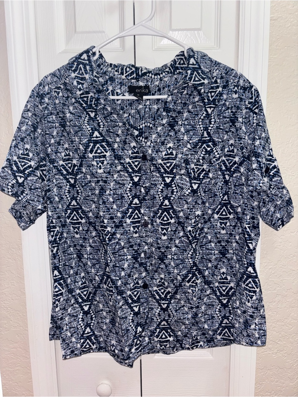 Erika Navy and White Geometric V-Neck Women’s Top
